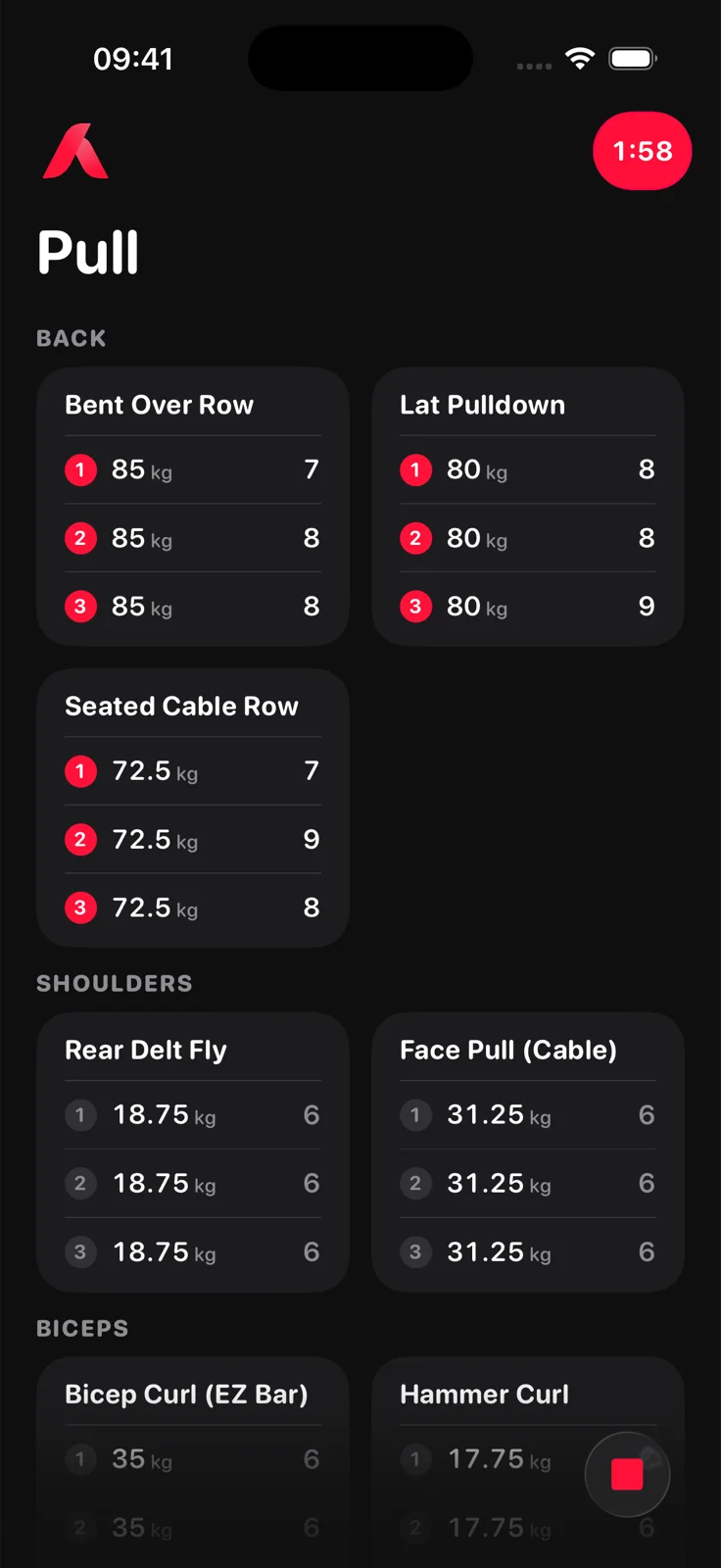 Aveldo workout screen in gym mode: a Pull routine with Bent Over Row, Lat Pulldown, Seated Cable Row, Rear Delt Fly and Face Pull tiles, each set line showing weight in kilograms and reps, and the rest timer counting down in the corner
